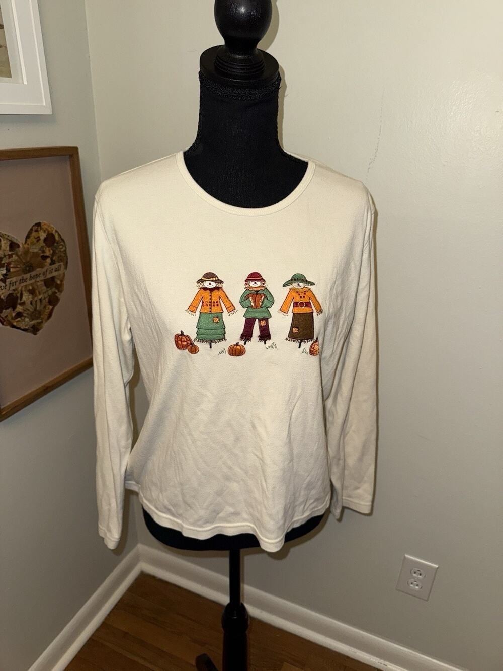 VTG Mountain Lake Autumn Fall Scarecrow shirt Long Sleeve Embroidered Pumpkin PL